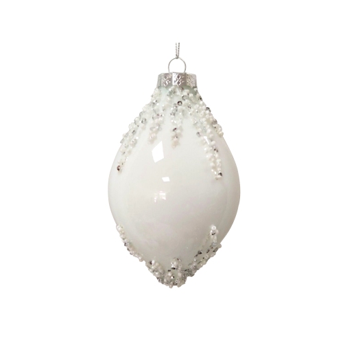 NORTHLIGHT  5" Beaded And Silver Sequins Christmas Glass Finial Ornament In White