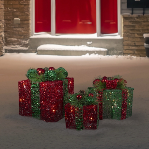 Ensemble de 3 boîtes-cadeaux de Noël d'extérieur à paillettes rouges et vertes lumineuses à DEL