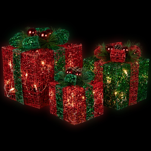 Ensemble de 3 boîtes-cadeaux de Noël d'extérieur à paillettes rouges et vertes lumineuses à DEL