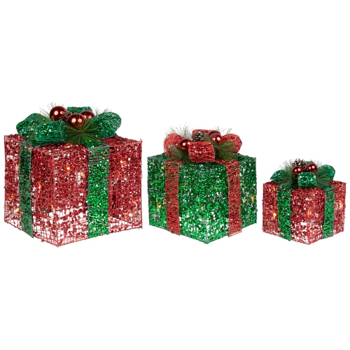 Ensemble de 3 boîtes-cadeaux de Noël d'extérieur à paillettes rouges et vertes lumineuses à DEL