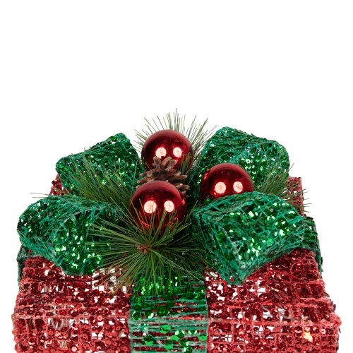 Ensemble de 3 boîtes-cadeaux de Noël d'extérieur à paillettes rouges et vertes lumineuses à DEL