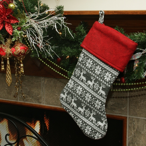 19" Festive Grey, White and Red Snowflakes & Reindeer Knit Christmas Stocking