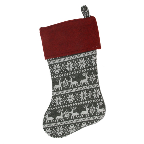 19" Festive Grey, White and Red Snowflakes & Reindeer Knit Christmas Stocking