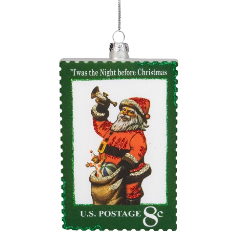 NORTHLIGHT  3.5" Usps Santa Stamp "twas The Night Before Christmas" Glass Christmas Ornament In Green