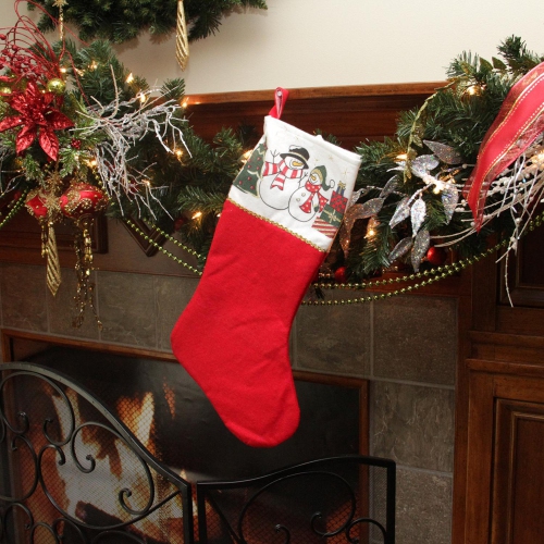 19" Red and White Glittered Finish Jolly Snowmen Scene Bordered Stocking