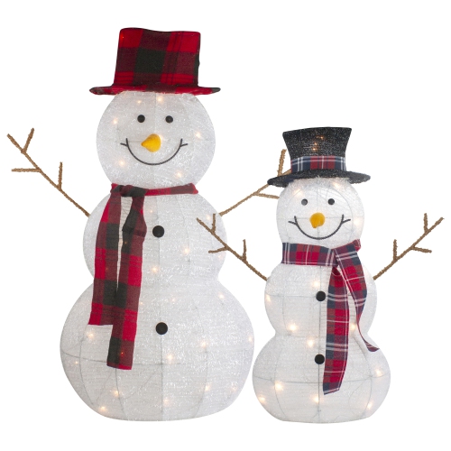 NORTHLIGHT  Set Of 2 Lighted Tinsel Snowmen Family Christmas Yard Decorations