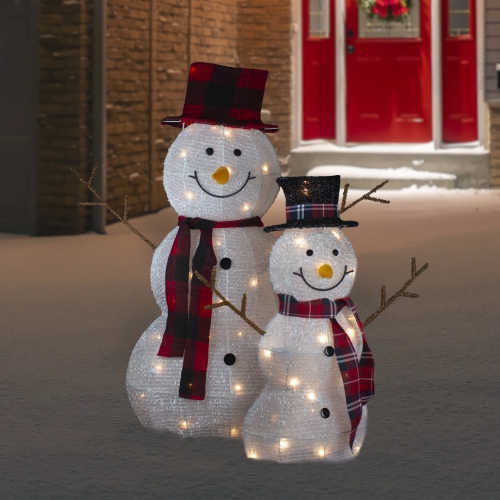 Set of 2 Lighted Tinsel Snowmen Family Christmas Yard Decorations
