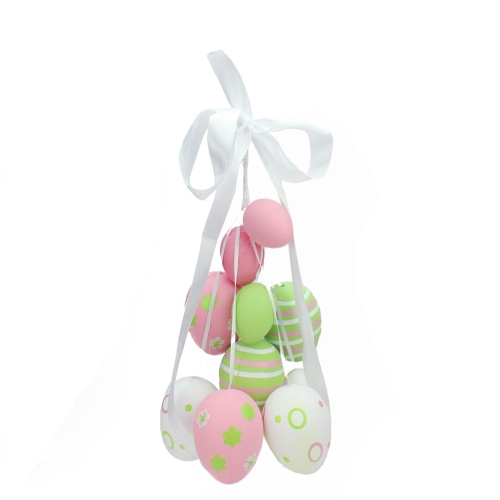 17" Pastel Pink, Green and White Floral Striped Spring Easter Egg Cluster Hanging Decoration