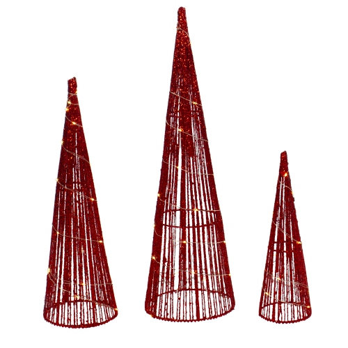 NORTHLIGHT  Set Of 3 Led Lighted Glitter Cone Tree Outdoor Christmas Decorations 23.5" In Red