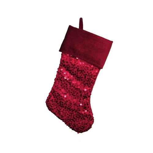 19" Shiny Metallic Red Sequined Christmas Stocking with Velveteen Cuff