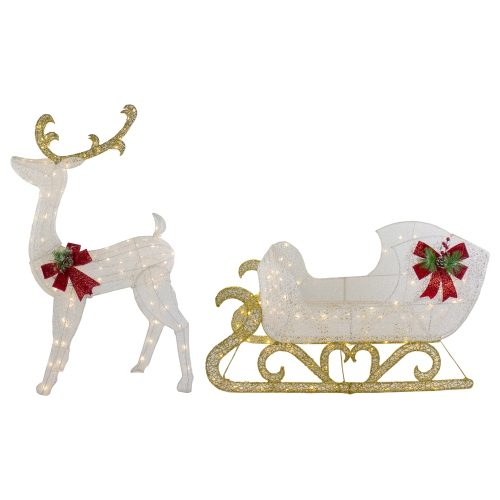 NORTHLIGHT  48" Led Lighted Glitter Reindeer With Sleigh Outdoor Christmas Decoration