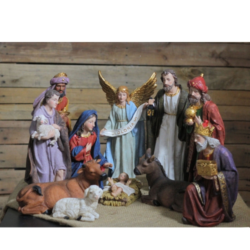 11pc Blue and Red Christmas Nativity Figurine Set 12.25"