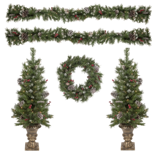 NORTHLIGHT  Pre-Lit Battery Operated Frosted Verona Berry Pine Artificial Christmas Set - 5-Piece - Clear Lights