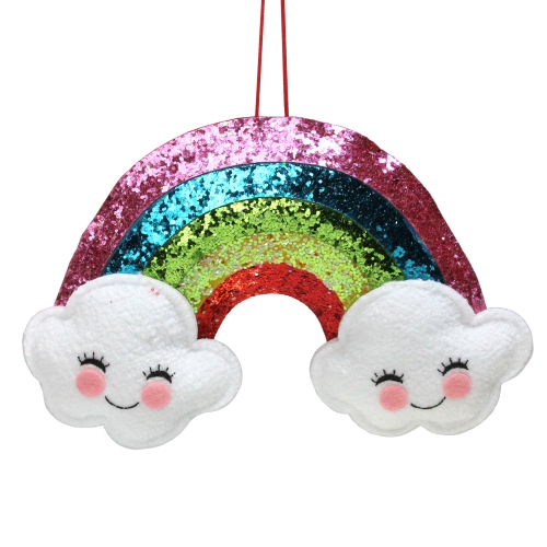 7" White and Pink Glittered Rainbow with Smiling Clouds Hanging Christmas Ornament