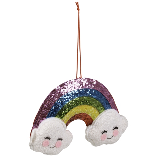 7" White and Pink Glittered Rainbow with Smiling Clouds Hanging Christmas Ornament