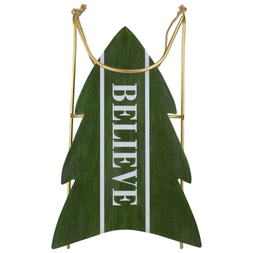 18.25" Green Wooden "BELIEVE" Christmas Snow Sled Decoration