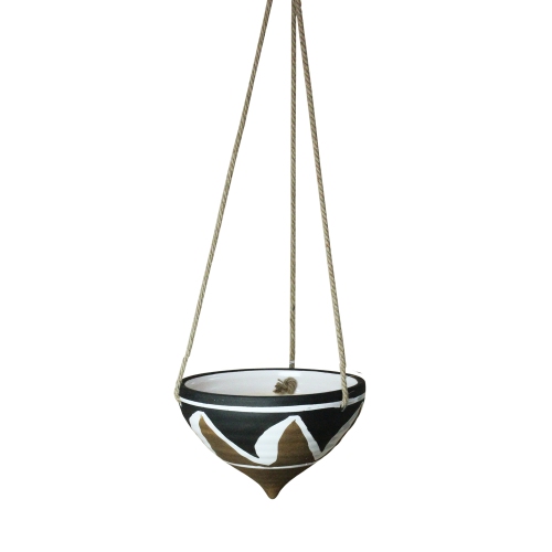 6.5" Brown, Black and White Tribal Decorative Hanging Ceramic Planter with Rope