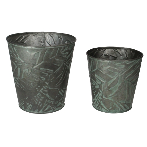 Set of 2 Patina Leaf Motif Planter Buckets 11"