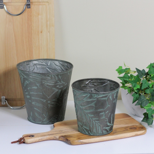 Set of 2 Patina Leaf Motif Planter Buckets 11"