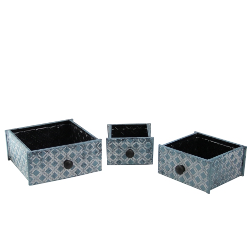 Set of 3 Blue and White Checkered Square Drawer Planters 8.75"