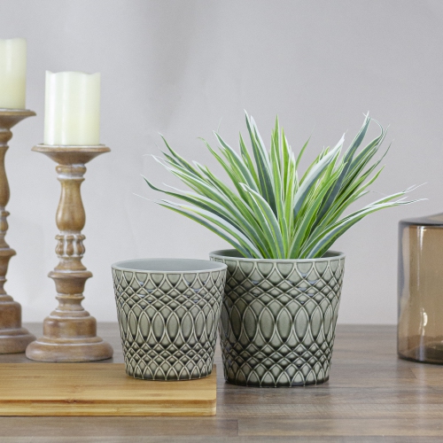 Set of 2 Black and Gray Geometric Patterned Planters 6.5"