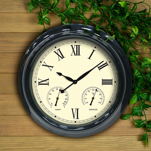 Horloge murale extérieure noire de 18 po avec hygromètre et thermomètre