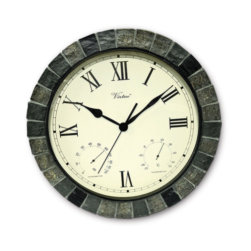 15" Battery Operated Faux Stone Large Print Roman Numeral Outdoor Clock with Thermometer and Hygrometer