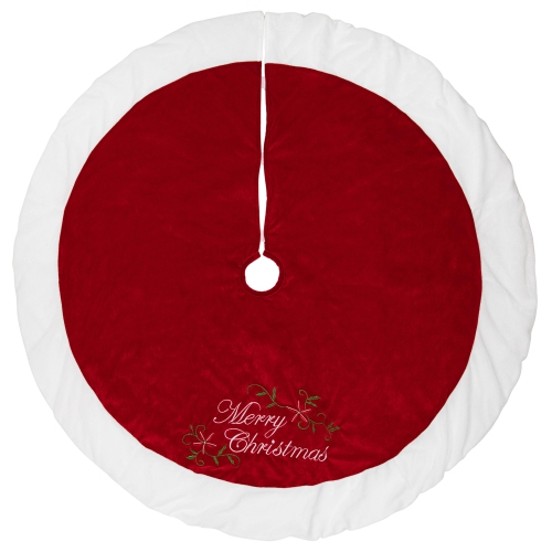 48" Traditional Red Embroidered Velvet Merry Christmas Tree Skirt