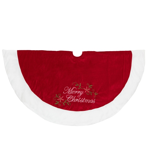 48" Traditional Red Embroidered Velvet Merry Christmas Tree Skirt