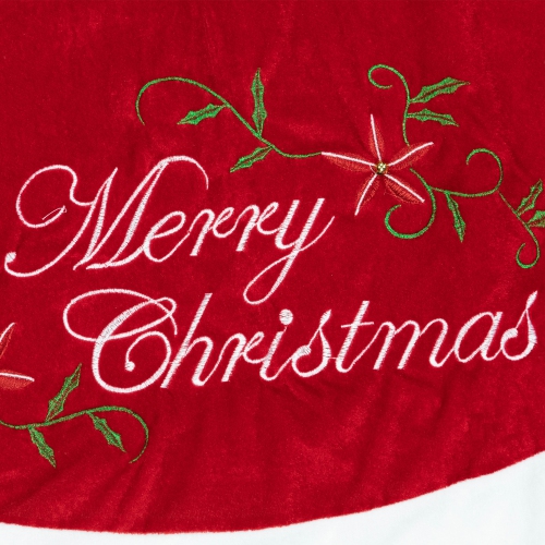 48" Traditional Red Embroidered Velvet Merry Christmas Tree Skirt