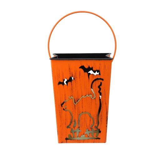 7" Distressed Orange Cat and Bats Halloween Candle Lantern Luminary