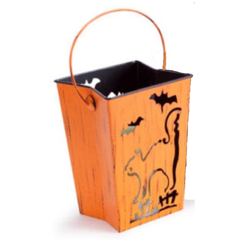 7" Distressed Orange Cat and Bats Halloween Candle Lantern Luminary