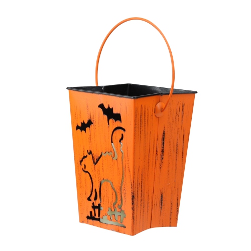 7" Distressed Orange Cat and Bats Halloween Candle Lantern Luminary