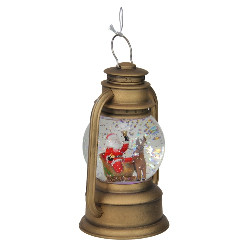 8" LED Lighted Santa and Sleigh Gold Swirling Christmas Lantern Glitterdome