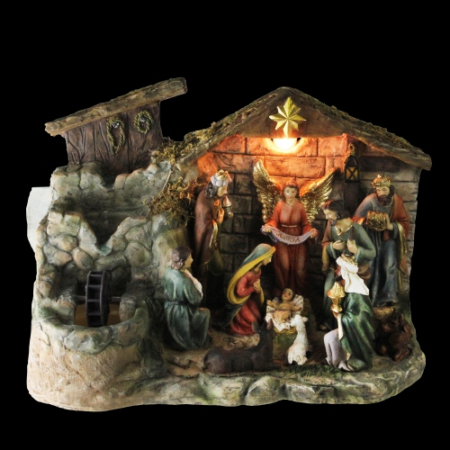 11-Piece Pre-Lit Brown Christmas Nativity Figurine Set with Water Fountain 11" - Warm White Light