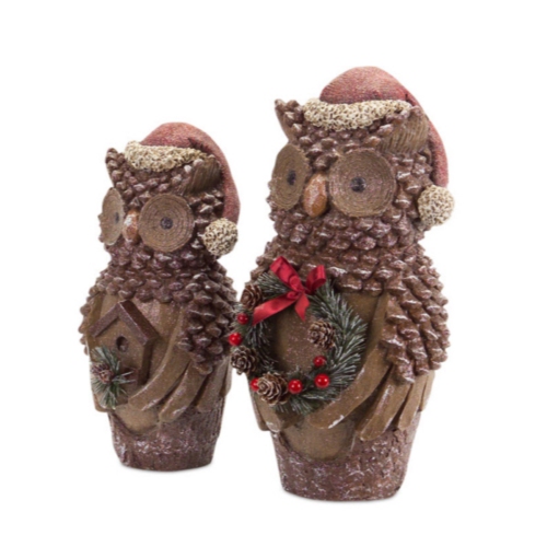 Set of 2 Glittery Pine Cone Owl Christmas Figures Wearing Santa Hats