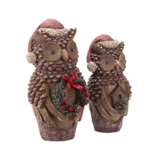 Set of 2 Glittery Pine Cone Owl Christmas Figures Wearing Santa Hats