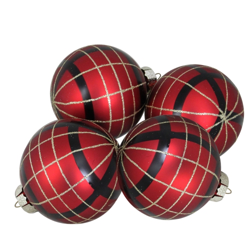 NORTHLIGHT  4Ct Red And Gold Plaid Glass Ball Christmas Ornaments 3.25" In Black
