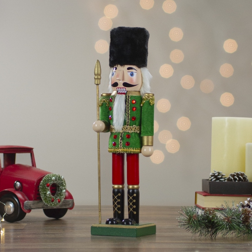 14" Green and Red Christmas Nutcracker Soldier with Spear