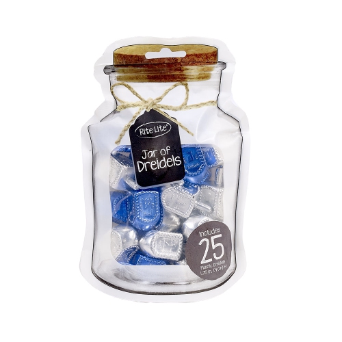 Jar of Dreidels, Spin the Dreidel Hanukkah Game with 25 Silver/Blue Pieces