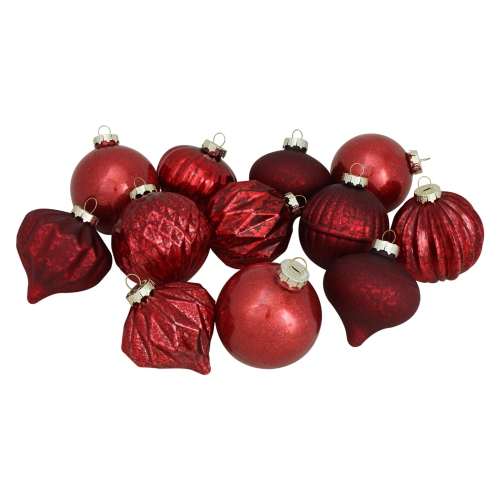 12ct Red Mercury Glass Style Glass Christmas Ornament Set 3"