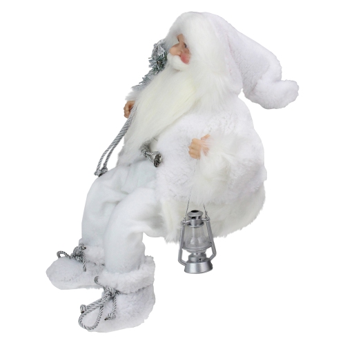 16" Elegant White Frost Sitting Santa Claus Christmas Figure with Lantern
