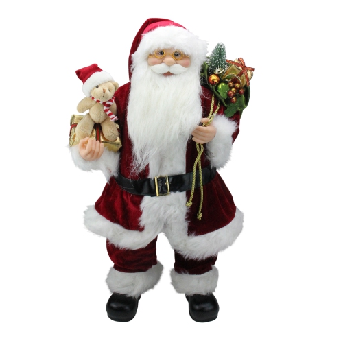 NORTHLIGHT  24" Traditional Standing Santa Claus Christmas Figure With Teddy Bear And Gift Bag