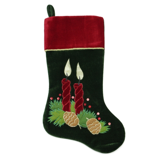 20" Dark Green and Burgundy Candle and Pine Cone Velveteen Christmas Stocking