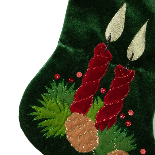 20" Dark Green and Burgundy Candle and Pine Cone Velveteen Christmas Stocking