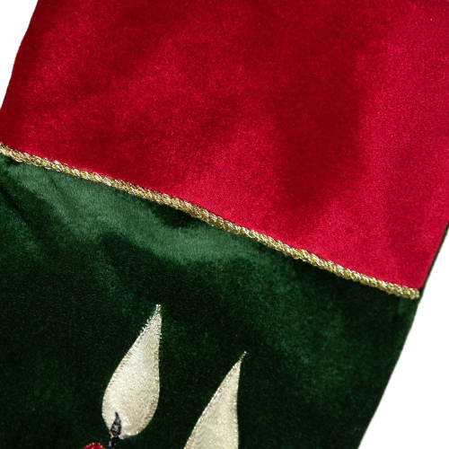 20" Dark Green and Burgundy Candle and Pine Cone Velveteen Christmas Stocking
