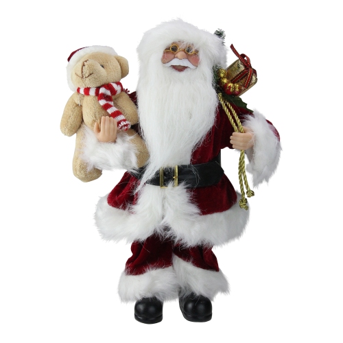 NORTHLIGHT  12" Traditional Standing Santa Claus Christmas Figure With Teddy Bear And Gift Bag