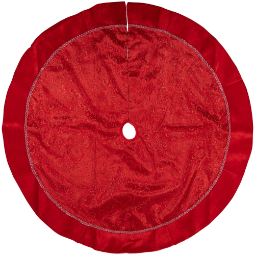 48" Red Glittered Swirl Sheer Organza Christmas Tree Skirt with Velvet Trim