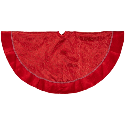 48" Red Glittered Swirl Sheer Organza Christmas Tree Skirt with Velvet Trim