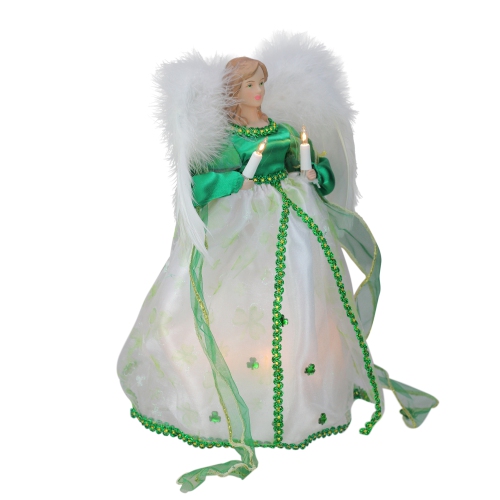 12" Green and White Lighted Luck of the Irish Angel Christmas Tree Topper